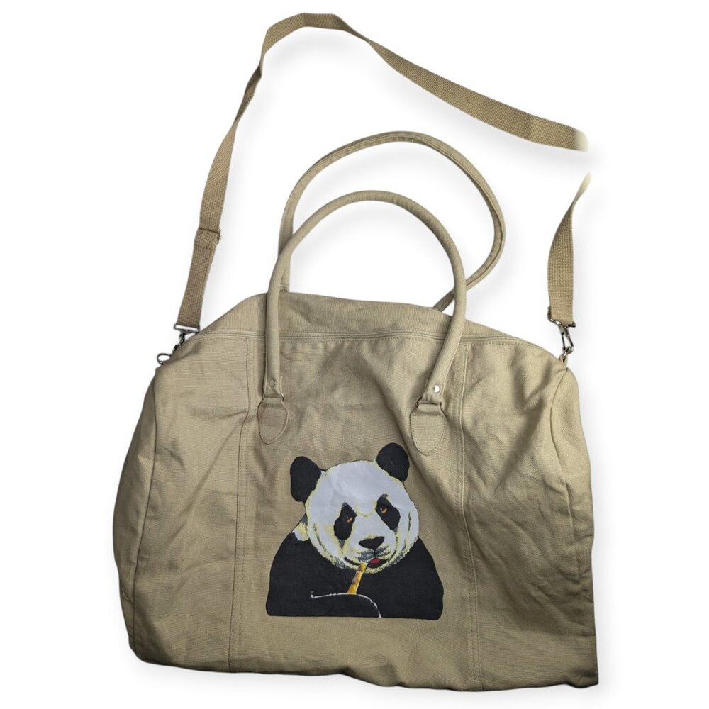Canvas Panda Tote Bag in Khaki w/Adjustable Shoulder Strap & Double Handles